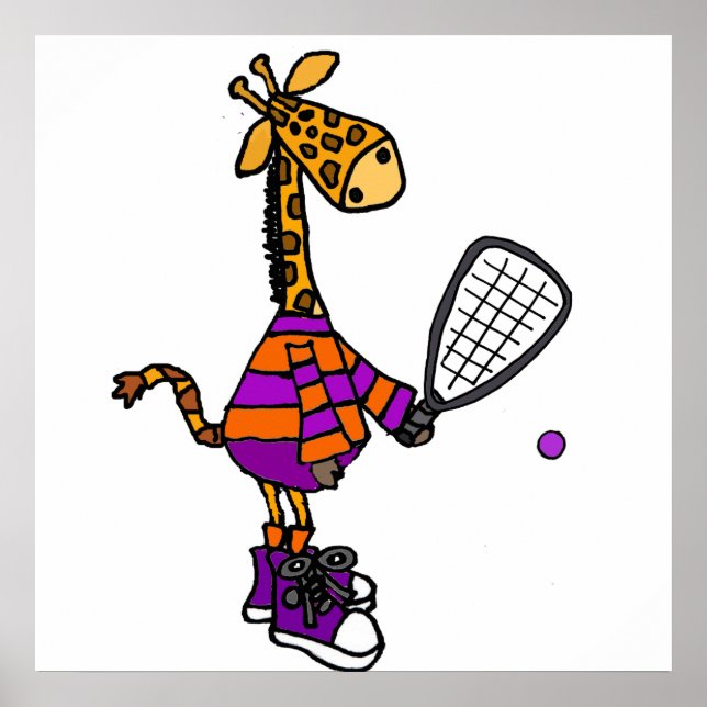 Affiche Drôle Giraffe Jouer Racquetball Cartoon (Devant)