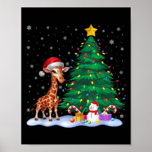 Affiche Drôle Giraffe Xmas Lumières Arbre Reindeer Casquet