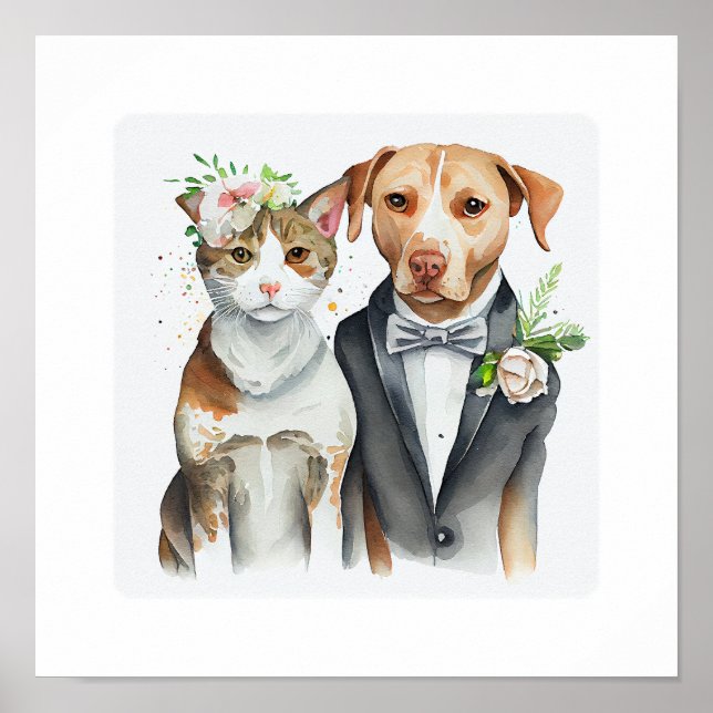 Affiche drôle grave : mariage de chat et de chien, aquarel (Devant)