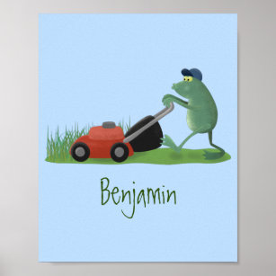 Affiche Drôle grenouille verte tondre la pelouse dessin