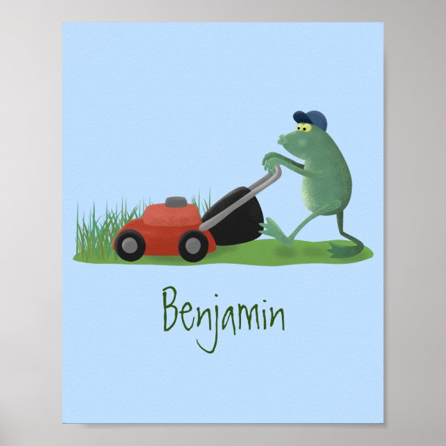 Affiche Drôle grenouille verte tondre la pelouse dessin (Devant)