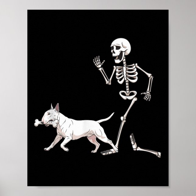 Affiche Drôle Halloween Bull Terrier Et Skeleton (Devant)