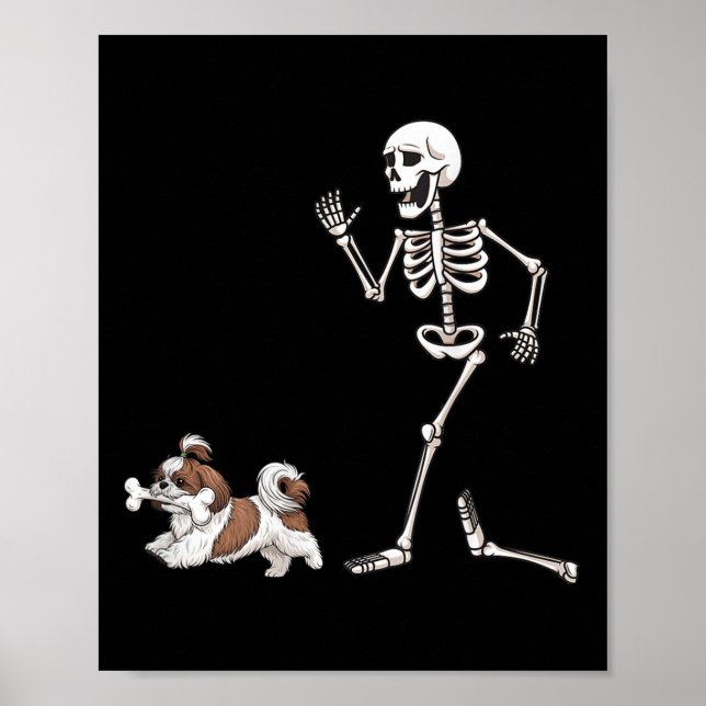 Affiche Drôle Halloween Shih Tzu Et Skeleton (Devant)
