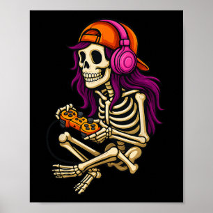 Affiche Drôle Halloween Squelette Joueur Vidéo Jeu Filles