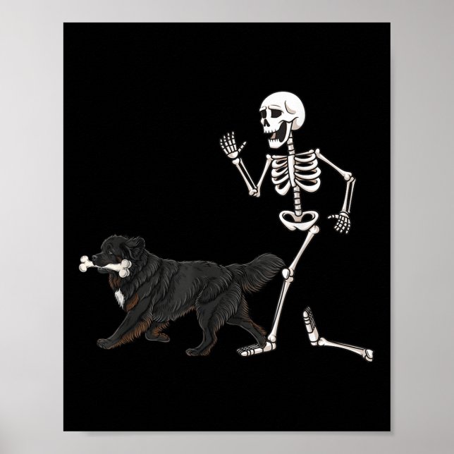 Affiche Drôle Halloween Terre-Neuve Et Squelette (Devant)