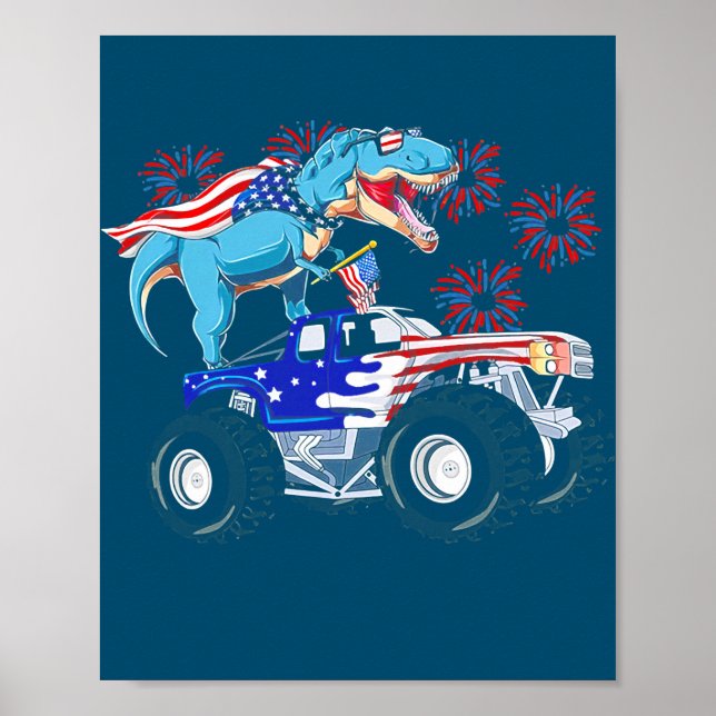 Affiche Drôle Joyeux 4 juillet Dinosaur Monster Truck T (Devant)
