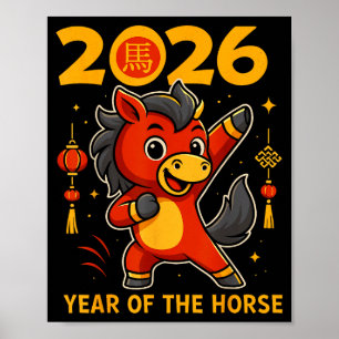 Affiche Drôle Kawaii Lunaire 2026 Année du Cheval Chinois