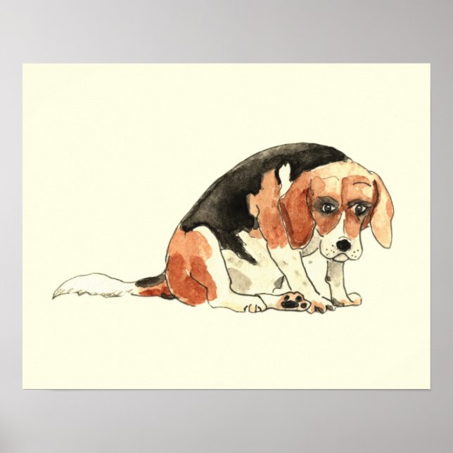 Affiche Drôle mignon Beagle Chien Aquarelle Peinture (Devant)