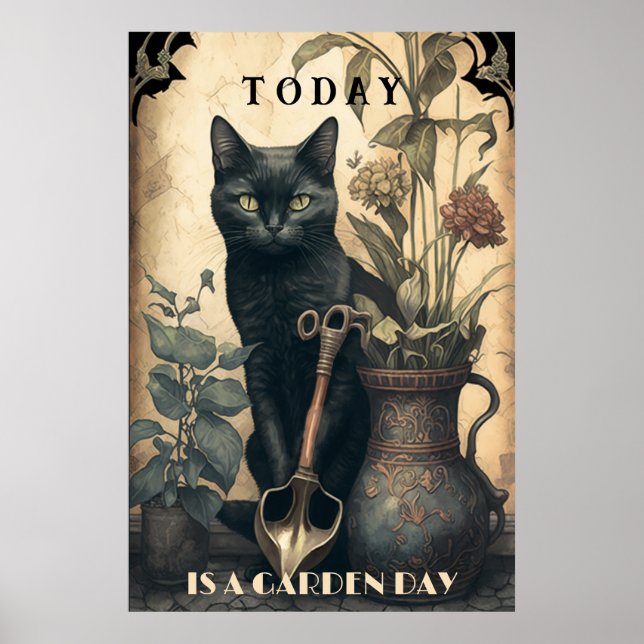 Affiche Drôle mignon chat noir dans le jardin (Devant)
