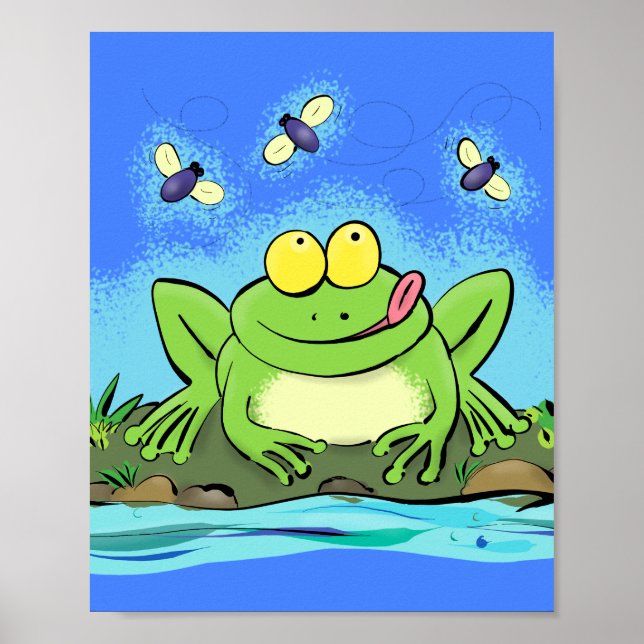 Affiche Drôle mignon grenouille verte affamée avec des mou (Devant)