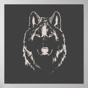 Affiche Drôle noir et blanc tête de loup croquis