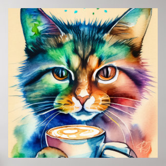 Affiche Drôle Pop Art d'un chat coloré Boire du café