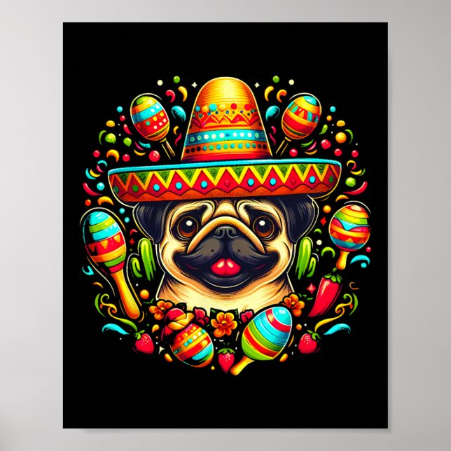 Affiche Drôle Pug Cinco De Mayo Chien Mexicain Mignon Somb (Devant)