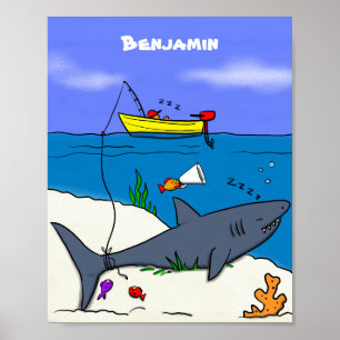 Affiche Drôle requin couché et dessin animé de pêche