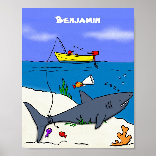 Affiche Drôle requin couché et dessin animé de pêche (Devant)
