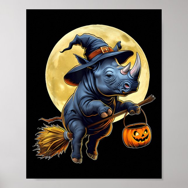 Affiche Drôle Rhino Sorcière Casquette Citrouille Hallowee (Devant)