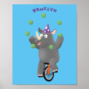 Affiche Drôle rhinocéros mignon jonglant sur monocycle