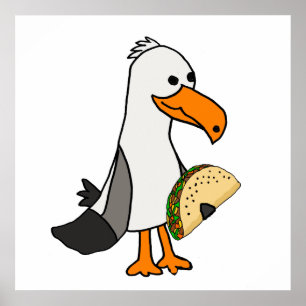 Affiche Drôle Seagull Bird mangeant Taco Cartoon