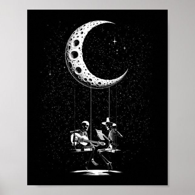 Affiche Drôle Skeleton Couple Moon Jouer Guitare Hallowee (Devant)