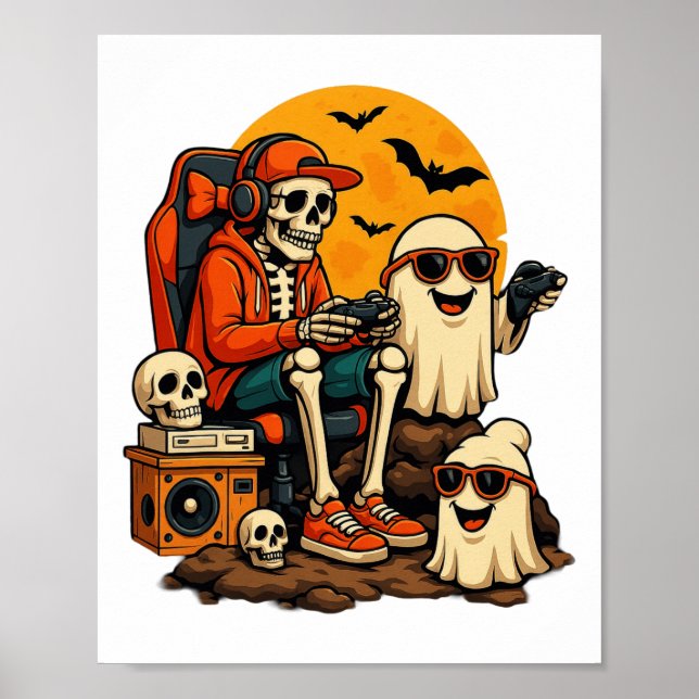 Affiche Drôle Skeleton jeu vidéo Halloween jeu Gamer B (Devant)