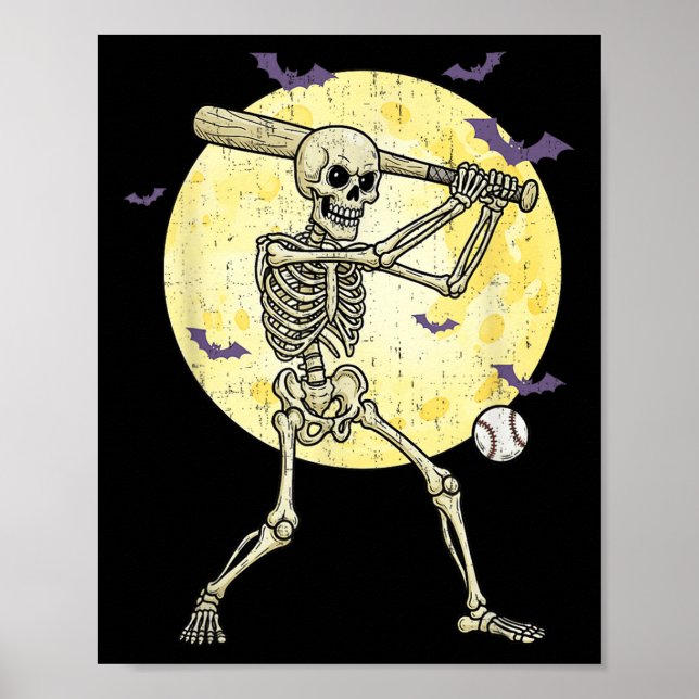 Affiche Drôle Skeleton Jouer Baseball Drôle Halloween Me (Devant)