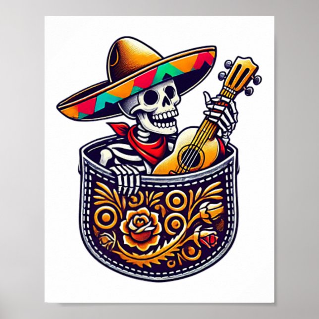 Affiche Drôle Skeleton Mariachi Guitare Pocket Cinco De Ma (Devant)
