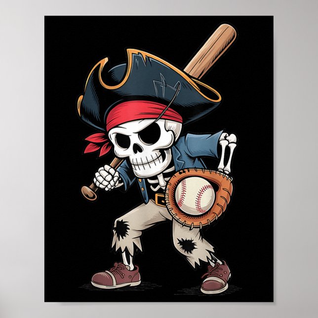 Affiche Drôle Skeleton Pirate Baseball Halloween Costume B (Devant)