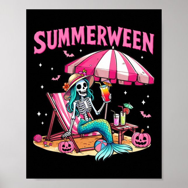 Affiche Drôle Skeleton Summerween Mermaid Beach Halloween (Devant)