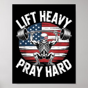 Affiche Drôle Skeleton Us Drapeau Ascenseur Lourd Prière G