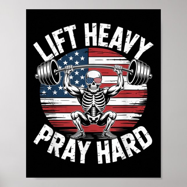 Affiche Drôle Skeleton Us Drapeau Ascenseur Lourd Prière G (Devant)