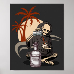 Affiche Drôle Squelette Boire Café Chaud