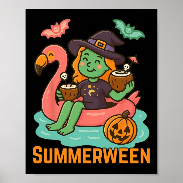 Affiche Drôle Summerween jolie sorcière flottante dans le  (Devant)