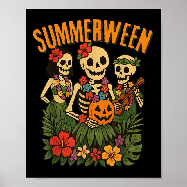 Affiche Drôle Summerween Skeletons Luau Party Halloween Be (Devant)