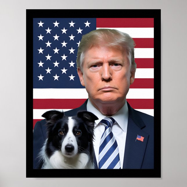Affiche Drôle Trump et frontière Collie Dog Usa Drapeau Él (Devant)