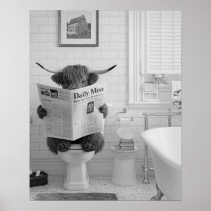 Affiche Drôle Vache Highland assis sur les toilettes Salle