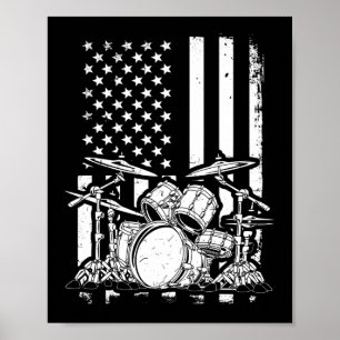 Affiche Drum Kit American Flag Drummer Musicien