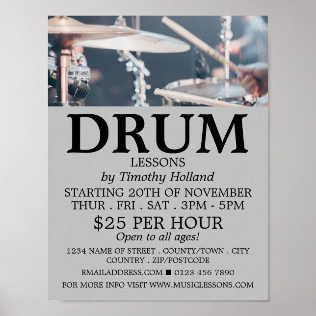 Affiche Drummer, Cours de tambour Publicité (Devant)