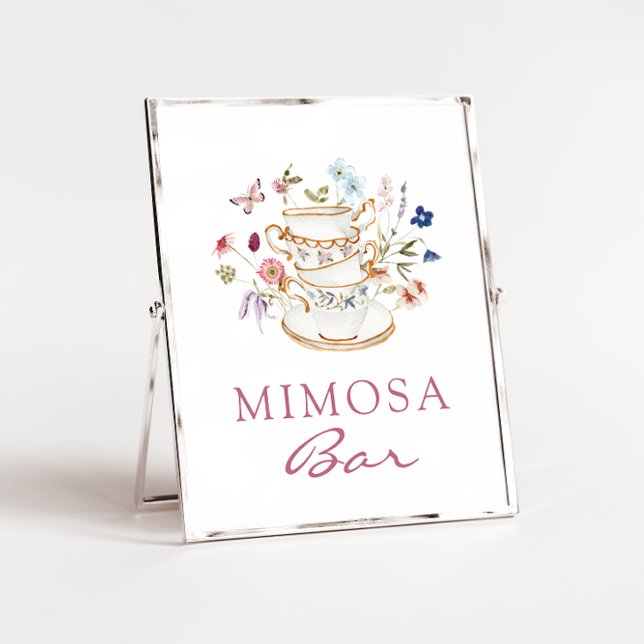 Affiche du bar Mimosa rose (Floral Tea Cup Pink Mimosa Bar Poster with Butterfly by Painted Paperie
)