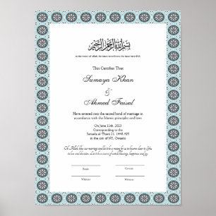 affiche du certificat de nikkah musulman bleu