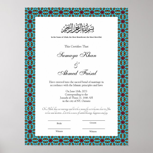 affiche du certificat de nikkah musulman turkouz (Devant)