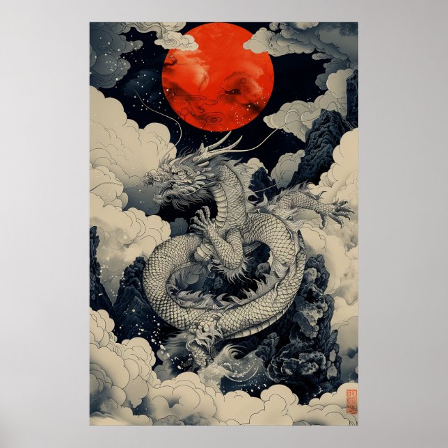 Affiche du dragon japonais Ukiyo-e – Puissance myt (Devant)