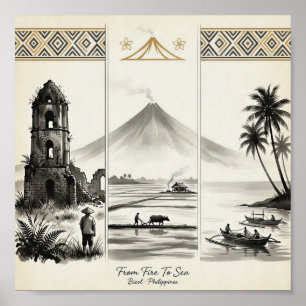 Affiche Du Feu à la Mer-Bicol Philippines Sumi-e