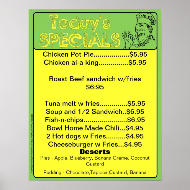 Affiche du menu spécial du jour - fournitures de r (Devant)