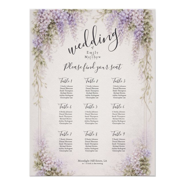 Affiche du plan de table de mariage aux glycines d (Devant)