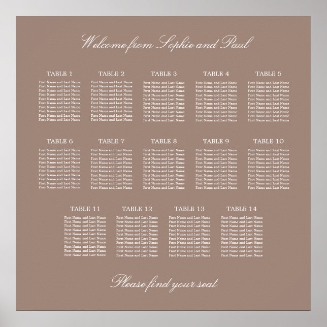 Affiche du plan de table de mariage Taupe 14 (Devant)