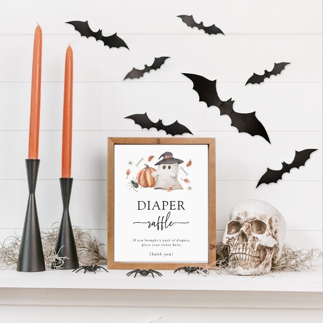 Affiche du tirage au sort des couches pour Hallowe (Halloween Diaper Raffle Game Sign A Little Boo Is Almost Due Ghost Pumpkin Baby Shower)