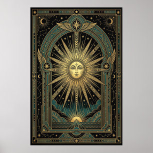 Affiche du visage solaire céleste Art déco   Vert 
