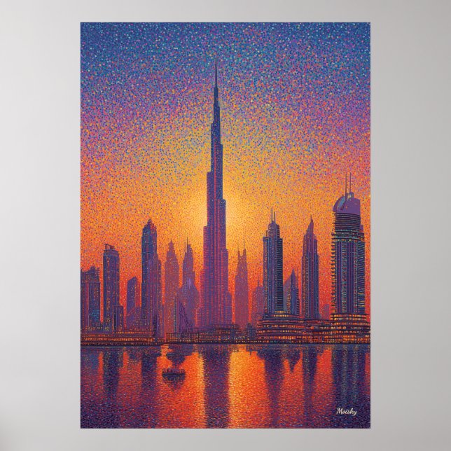 Affiche Dubai Burj Khalifa Pointillism Skyline Sunset (Devant)