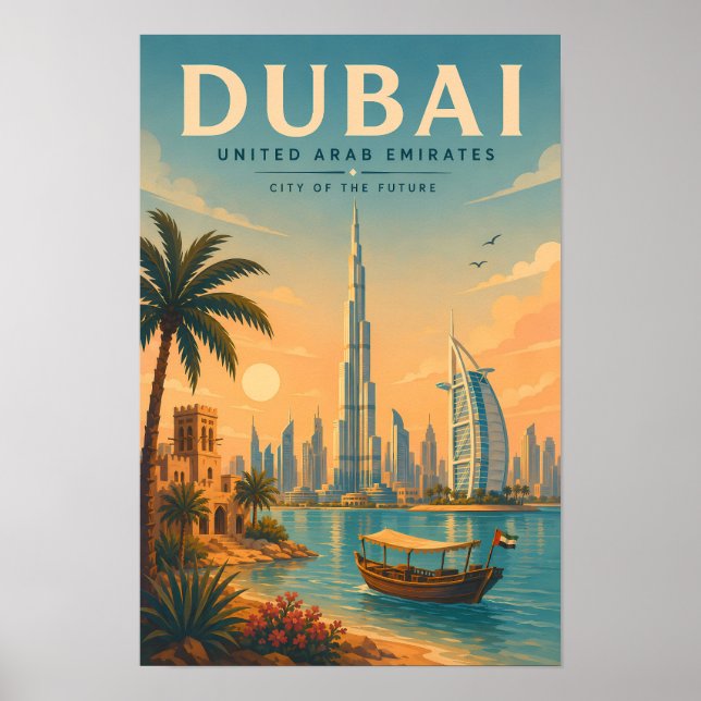 Affiche Dubaï Émirats arabes unis Illustration Voyage Art  (Devant)