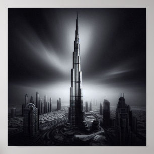 Affiche Dubaï Skyline Majesty - Burj Khalifa en monochrome